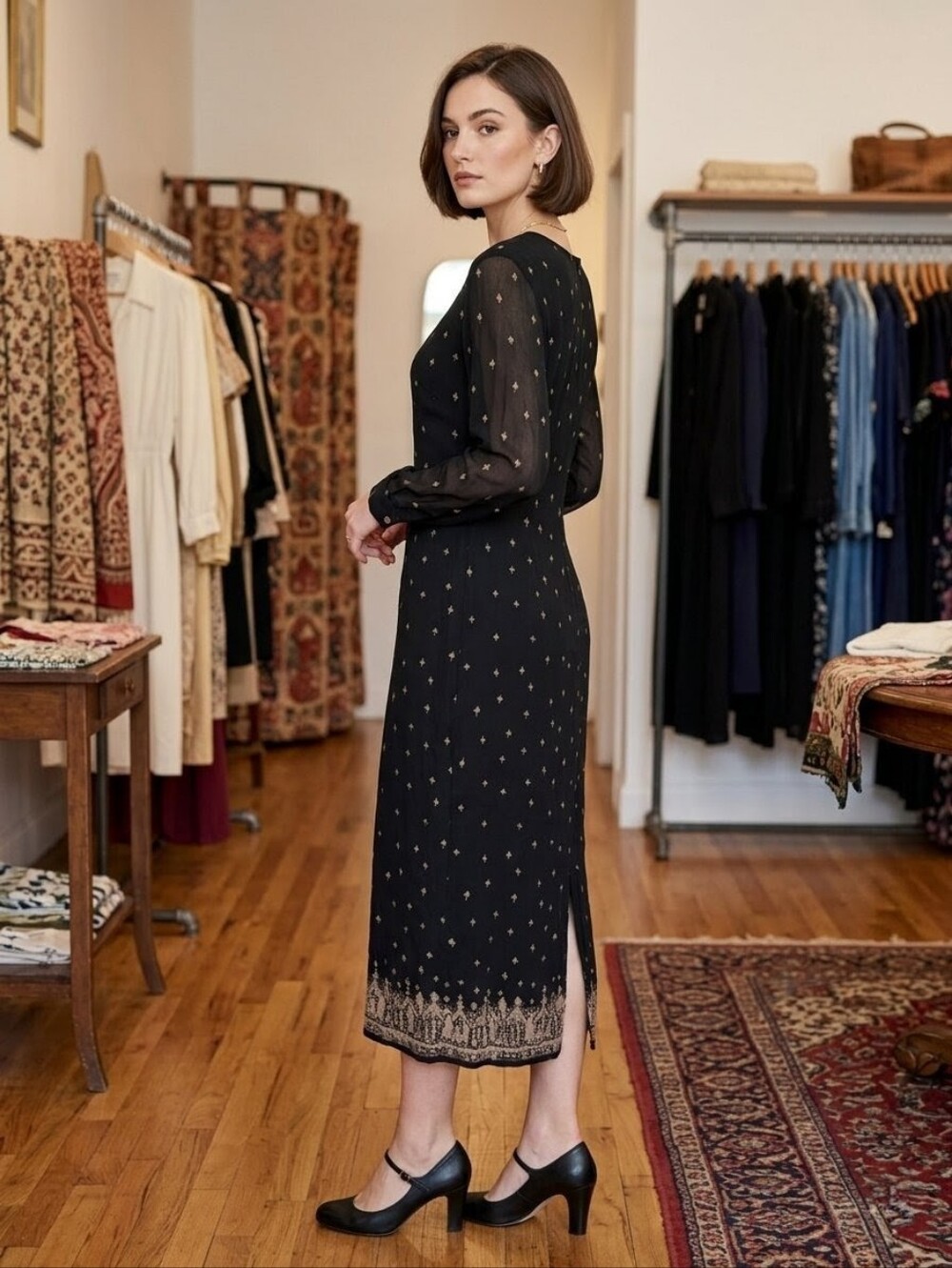 Vintage 90's Indies Black Sheer Sleeve Floral Midi Dress Whimsigoth Boho Size M - Picture 1 of 9